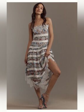 Mauve for Anthropologie - Striped Floral Lace Midi Dress in Light Blue and White